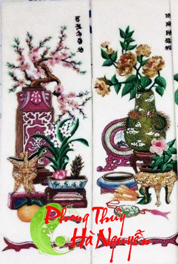 tranh tứ quý đào cúc sen hồng