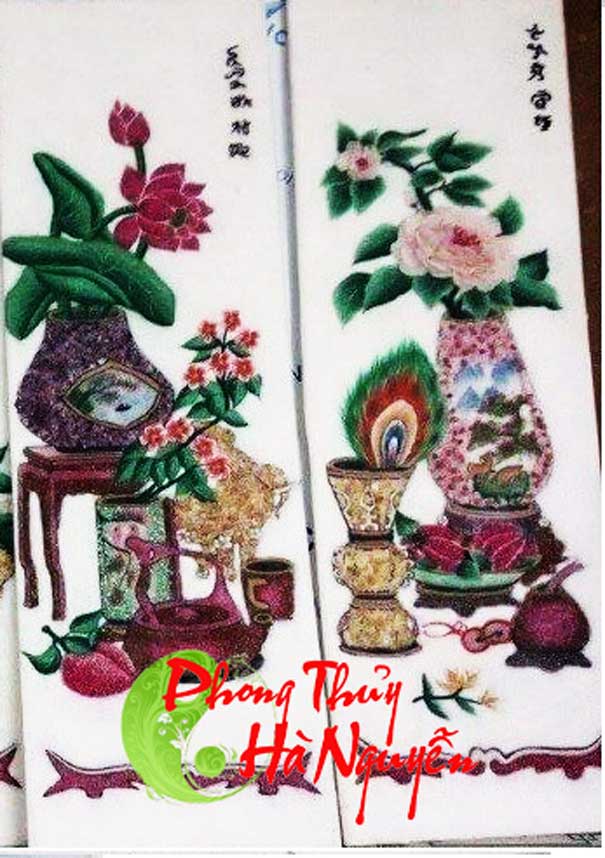 tranh tứ quý đào cúc sen hồng