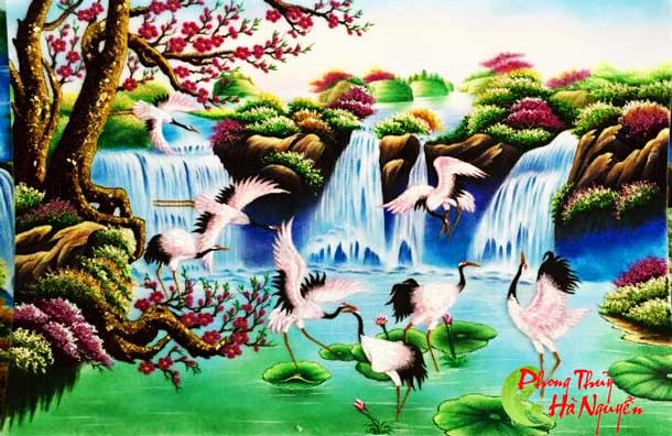 Tranh đá quý phong cảnh đào hạc mùa xuân 