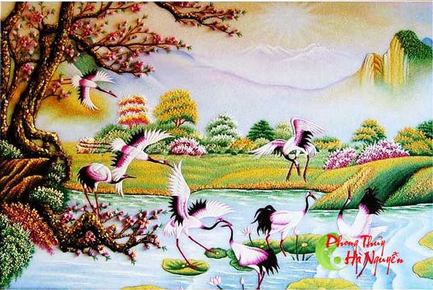 Tranh đá quý phong cảnh đào hạc mùa xuân - tranh đá quý hà nguyễn