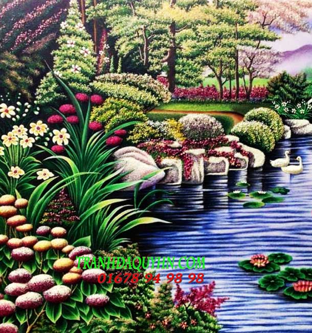 Tranh đá quý phong cảnh hồ thiên nga