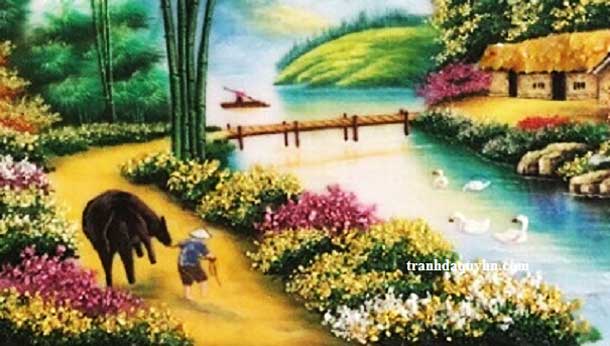 Tranh đá quý phong cảnh làng quê