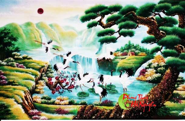 Tranh đá quý phong cảnh tùng hạc diên niên