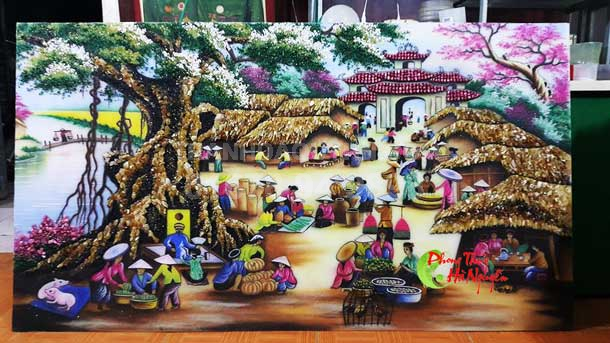 tranh đá quý phong cảnh chợ quê